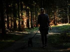 Eine Frau geht im Wald mit ihrem Hund spazieren.