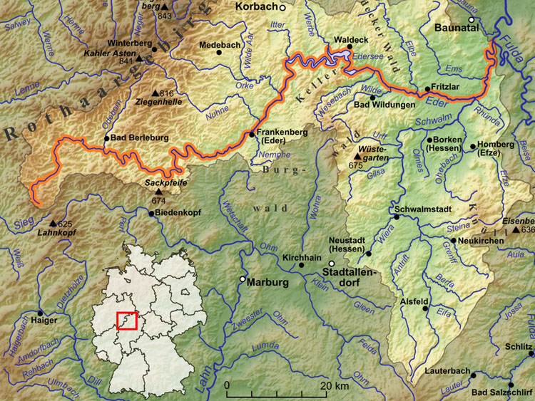 die rote Linie verläuft horizontal über eine Landkarte Hessens