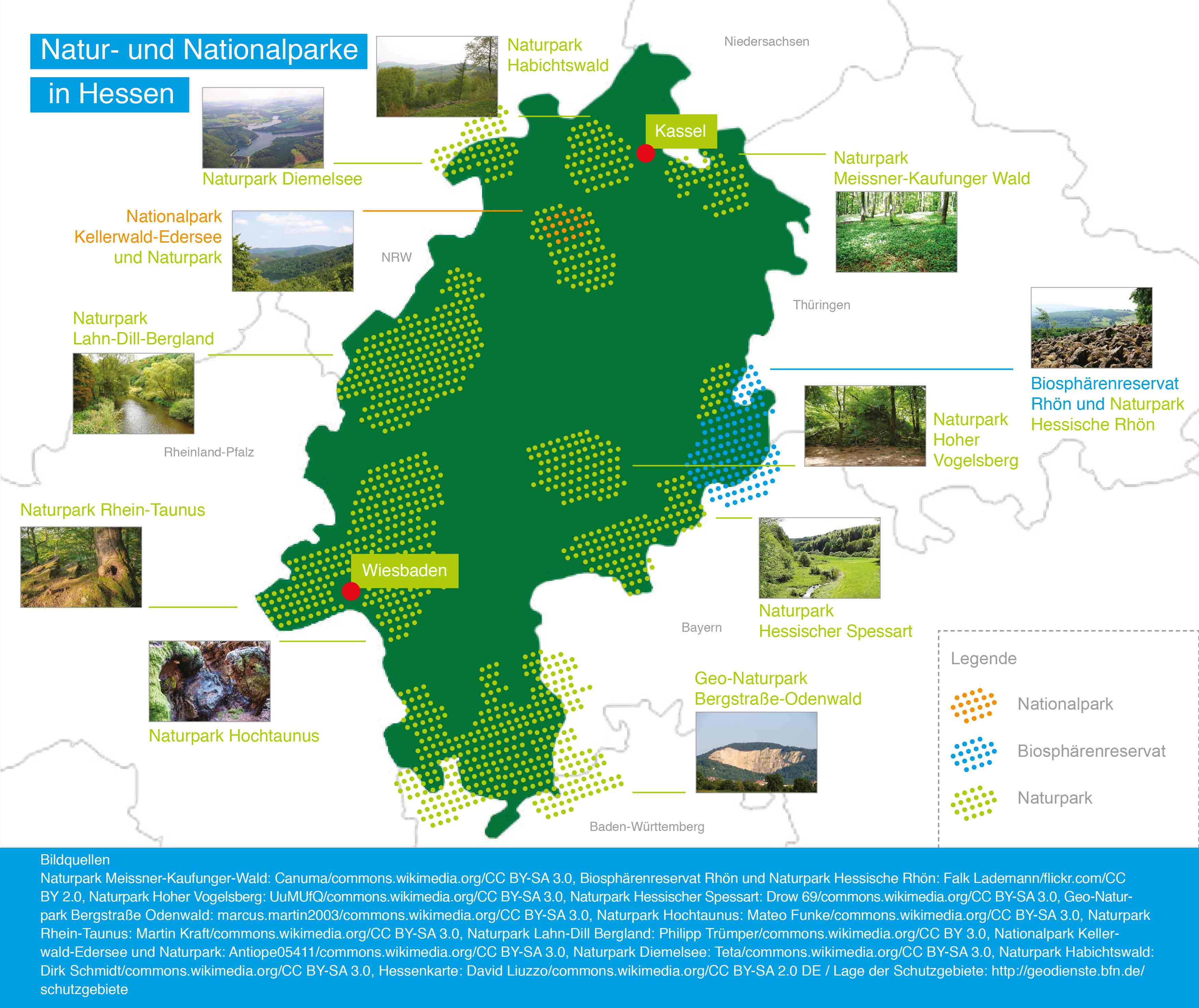 Karte: Naturparke und Nationalparke in Hessen. 