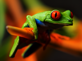 Nahaufnahme eines grasgrünen Frosches, der auf einem Ast sitzt und orangefarbene Augen hat. 