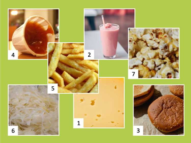 Bilder von einem Burgerbrötchen, Pommes, Ketchup, Popcorn, Käse, einem Milchshake und Sauerkraut.