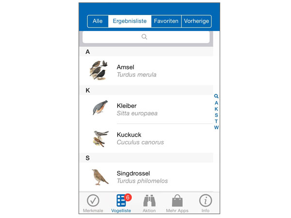 Die App zeigt dir in der Ergebnisliste die Vögel, die zu deinen Angaben passen.