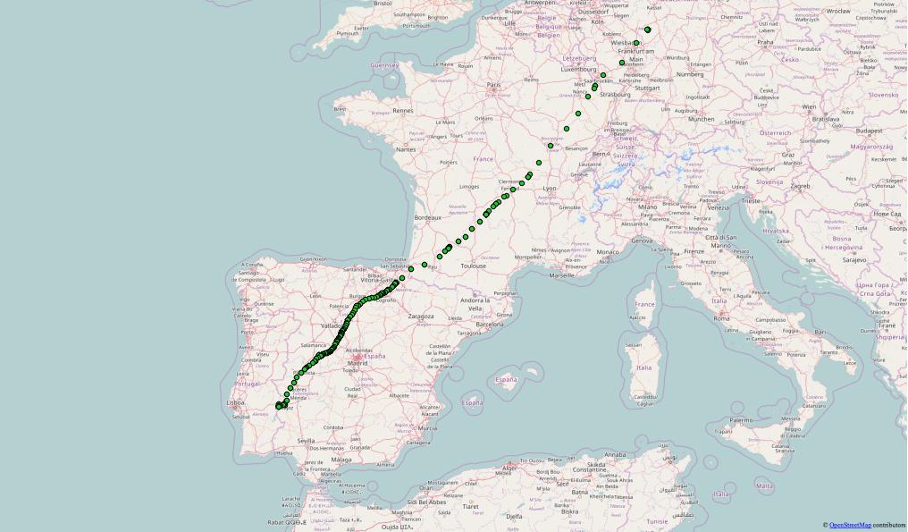 Europakarte mit dem Reiseweg eines Zugvogels